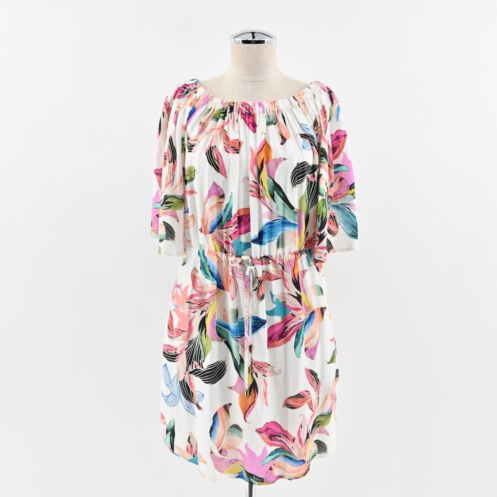 LA BLANCA Dress Size L Paradise Floral ALine Mini White Multi Off Shoulder